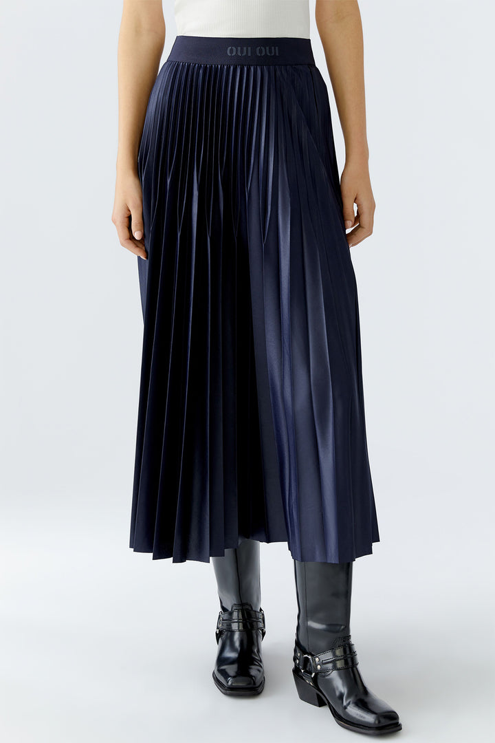 Oui 95398 Pleated Pull-On Midi Skirt Dark Blue 5742 - Olivia Grace Fashion