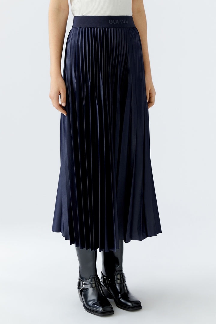 Oui 95398 Pleated Pull-On Midi Skirt Dark Blue 5742 - Olivia Grace Fashion