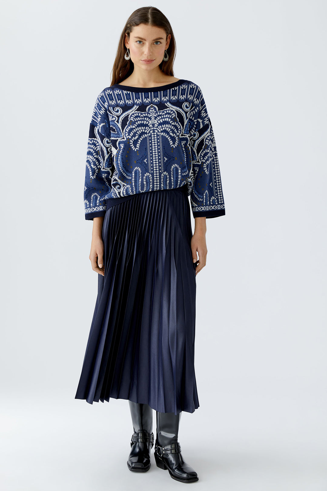 Oui 95398 Pleated Pull-On Midi Skirt Dark Blue 5742 - Olivia Grace Fashion