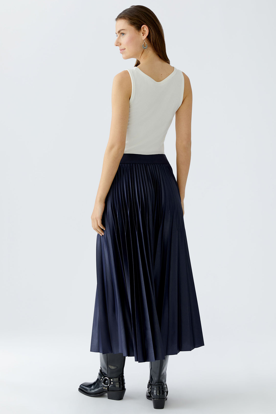 Oui 95398 Pleated Pull-On Midi Skirt Dark Blue 5742 - Olivia Grace Fashion