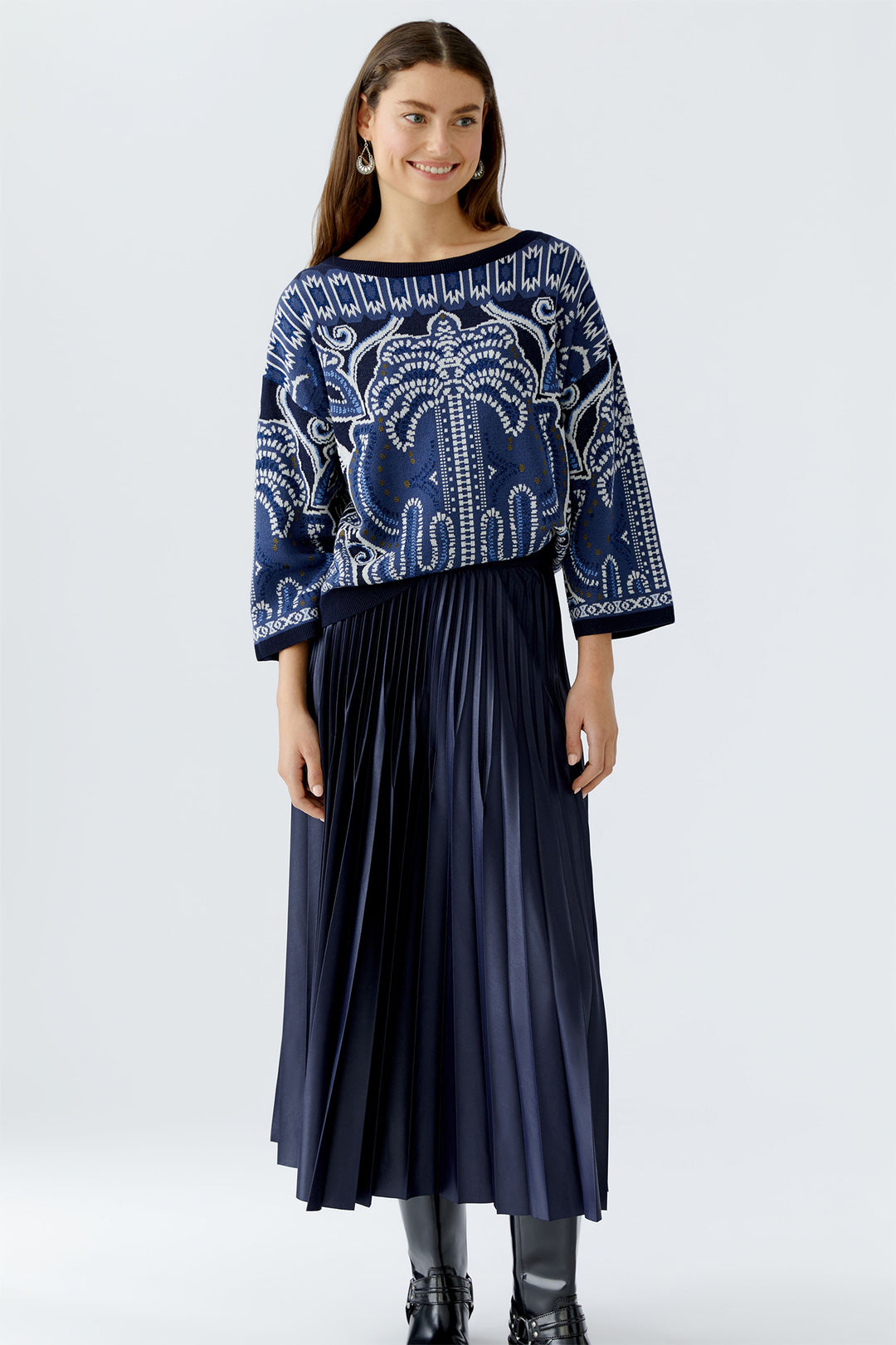 Oui 95398 Pleated Pull-On Midi Skirt Dark Blue 5742 - Olivia Grace Fashion