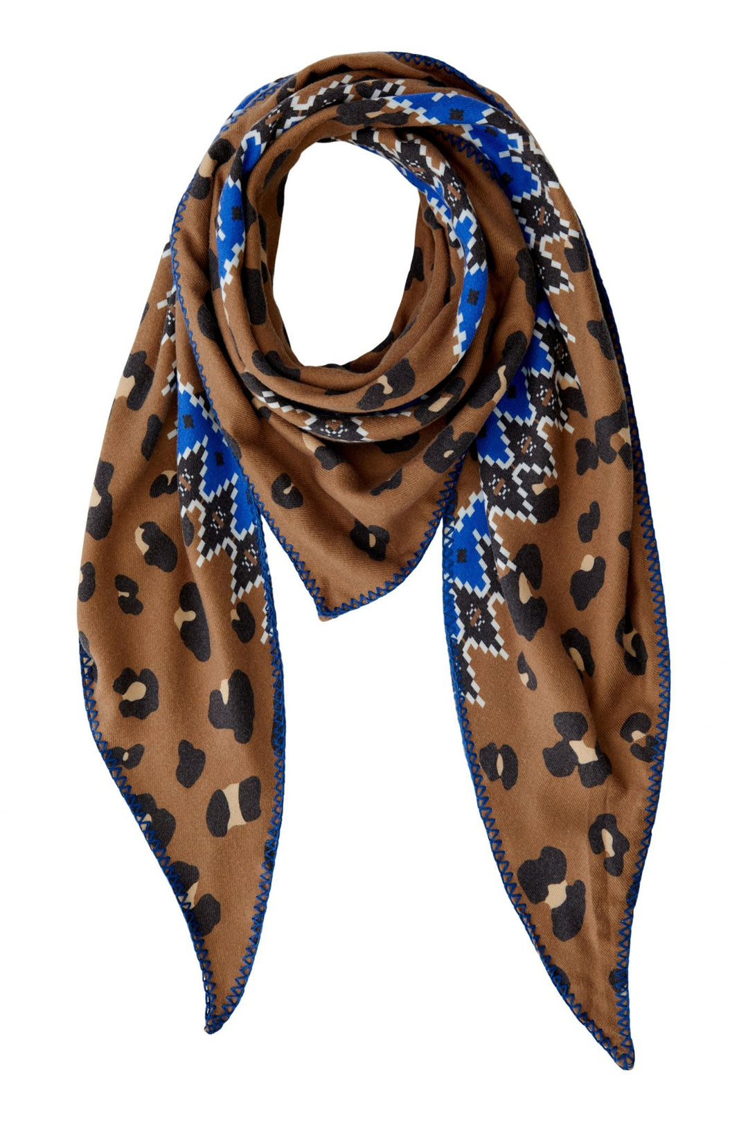 Leopard print scarf with blue accents on a white background