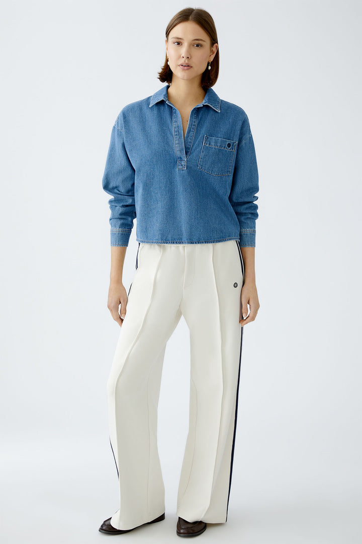 Oui Blouse Denim Blue Collared Split Neck 91898 5400 - Olivia Grace Fashion