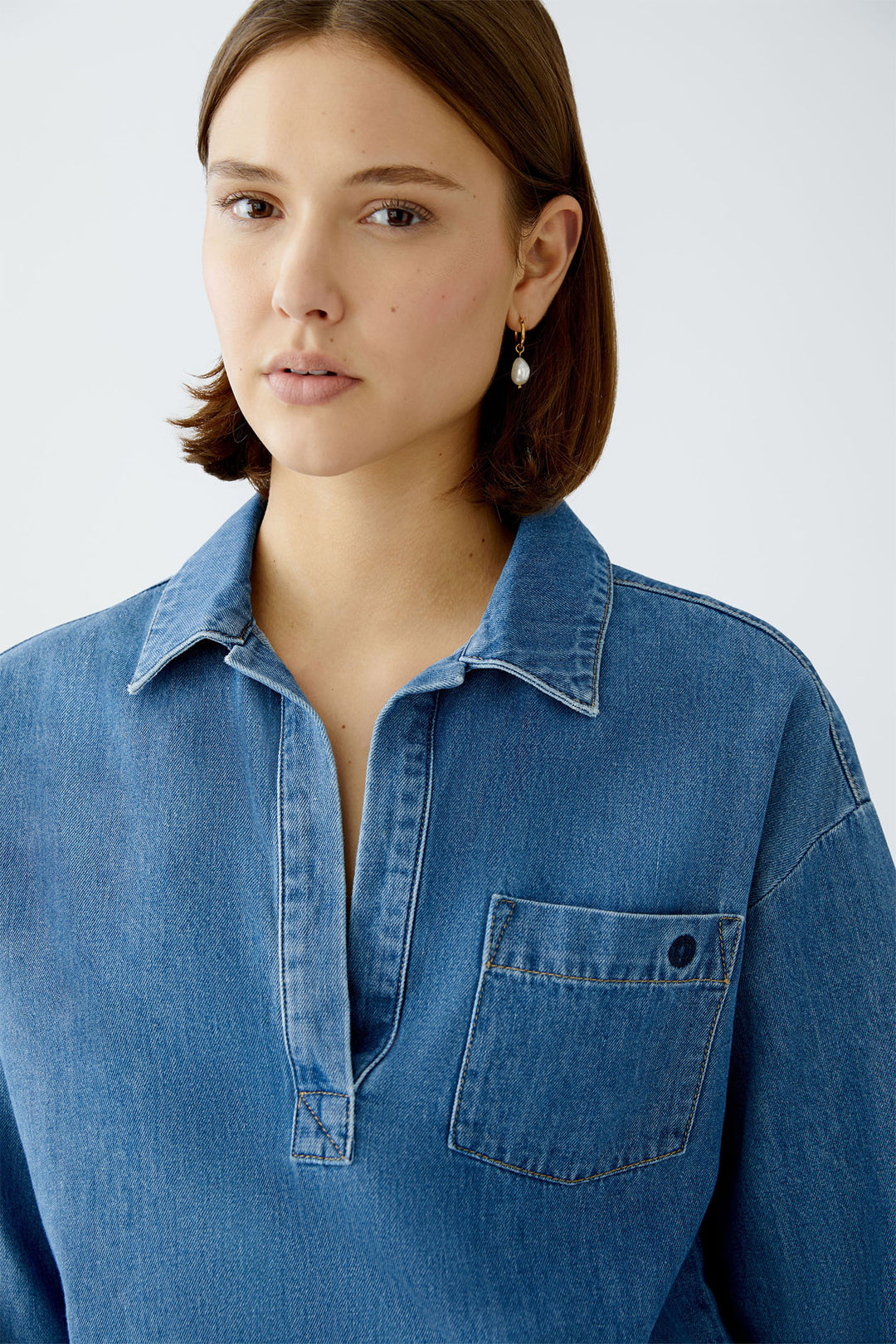 Oui Blouse Denim Blue Collared Split Neck 91898 5400 - Olivia Grace Fashion