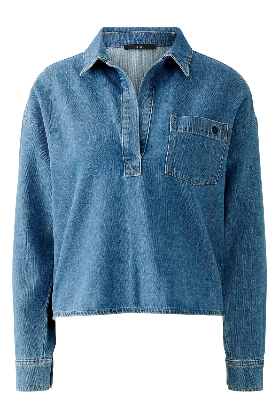 Oui Blouse Denim Blue Collared Split Neck 91898 5400 - Olivia Grace Fashion