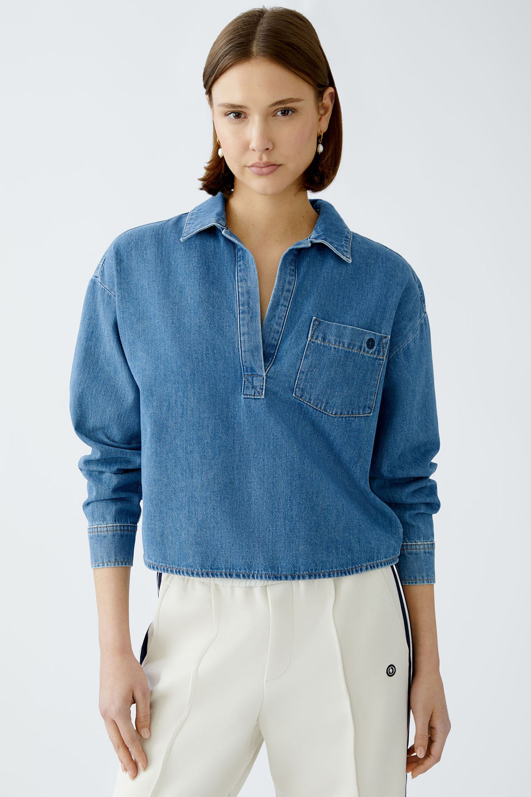 Oui Blouse Denim Blue Collared Split Neck 91898 5400 - Olivia Grace Fashion