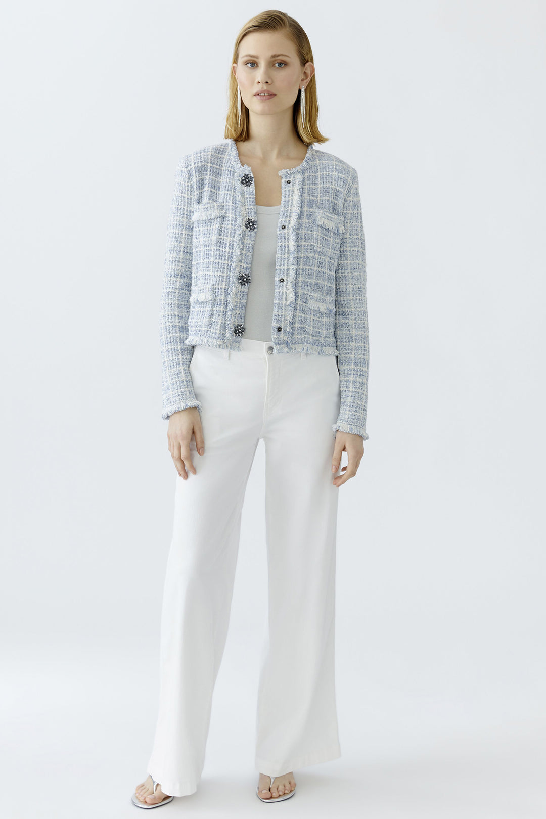Oui Cardigan Jacket Boucle Style Knit Light Blue White 93032 0501 - Olivia Grace Fashion