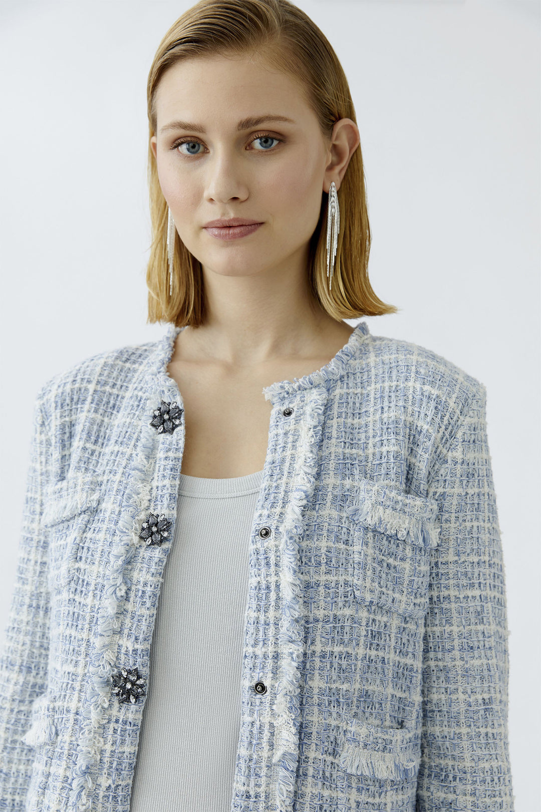 Oui Cardigan Jacket Boucle Style Knit Light Blue White 93032 0501 - Olivia Grace Fashion