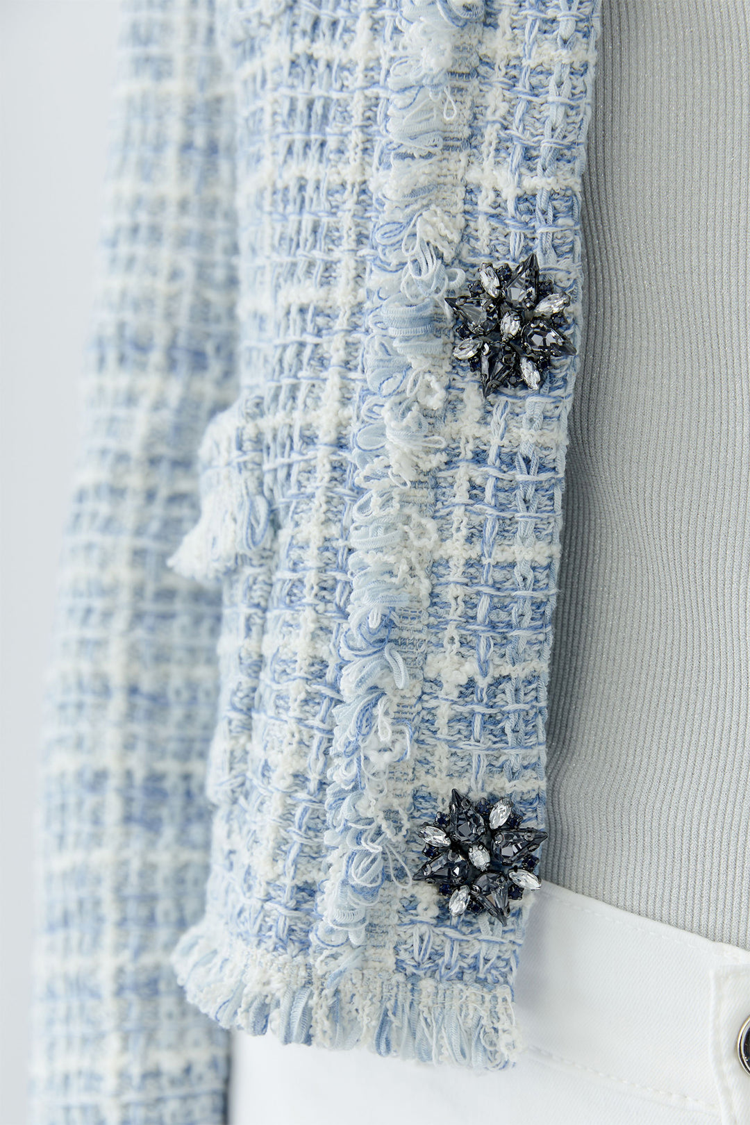 Oui Cardigan Jacket Boucle Style Knit Light Blue White 93032 0501 - Olivia Grace Fashion