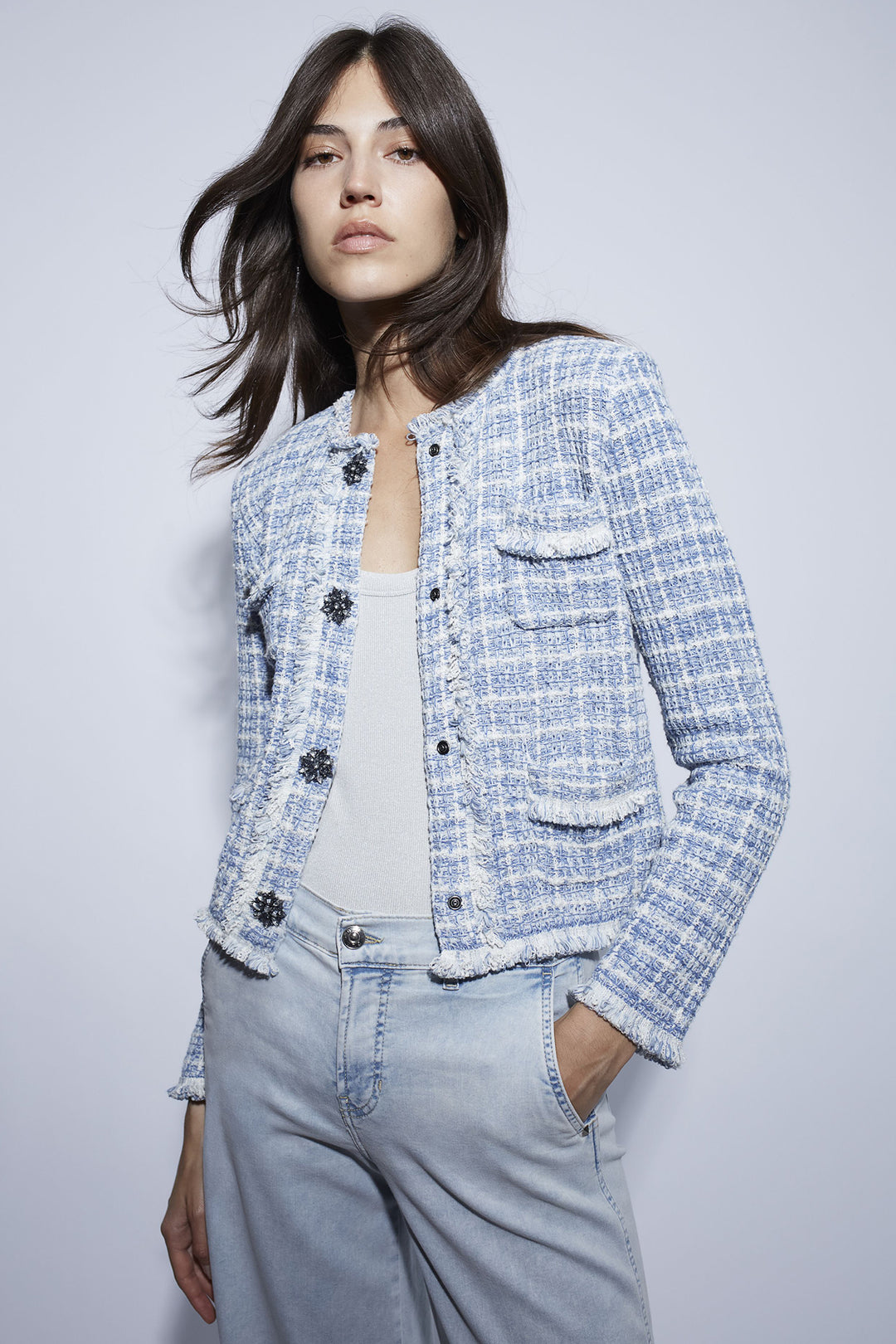 Oui Cardigan Jacket Boucle Style Knit Light Blue White 93032 0501 - Olivia Grace Fashion