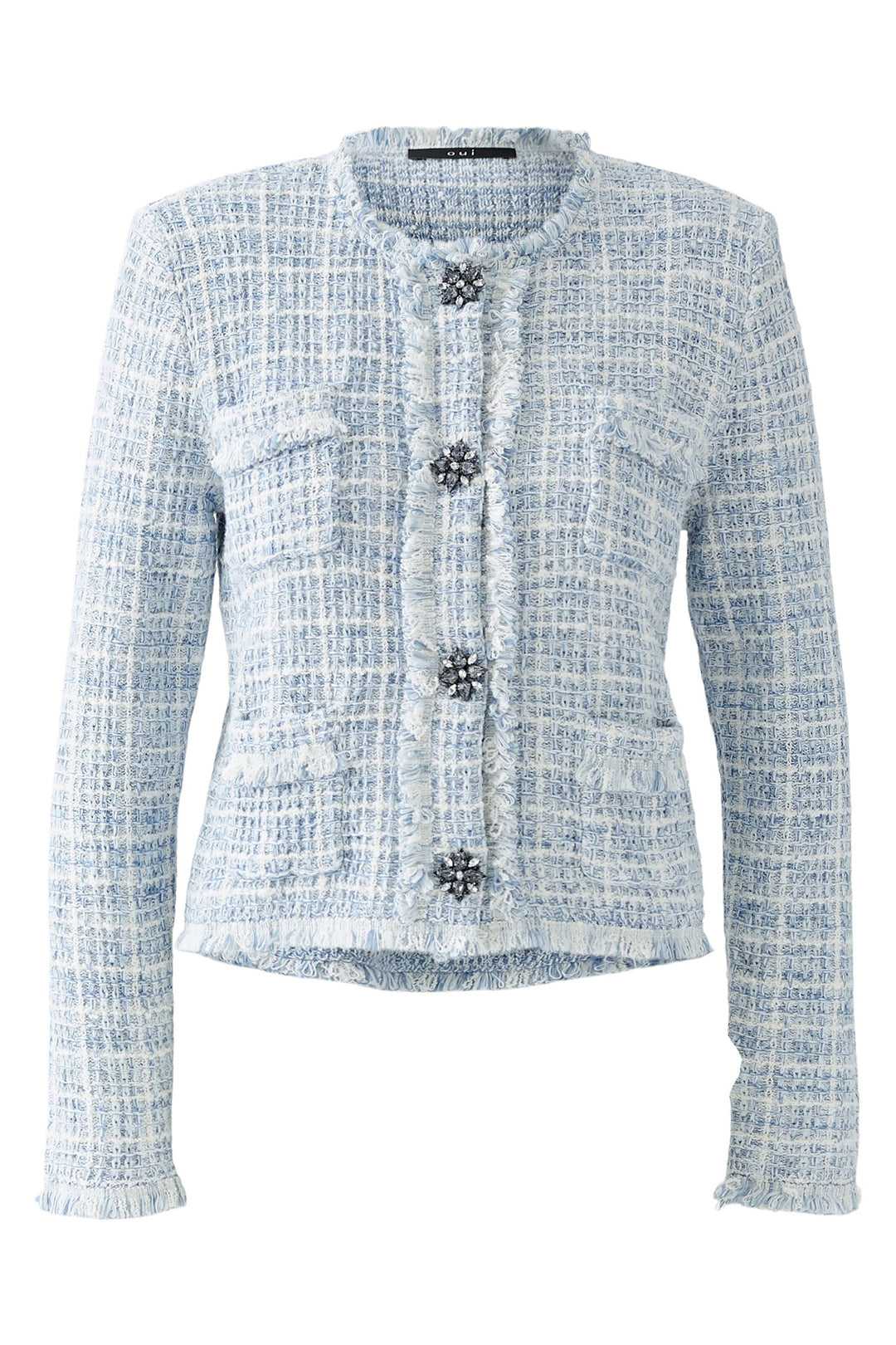 Oui Cardigan Jacket Boucle Style Knit Light Blue White 93032 0501 - Olivia Grace Fashion