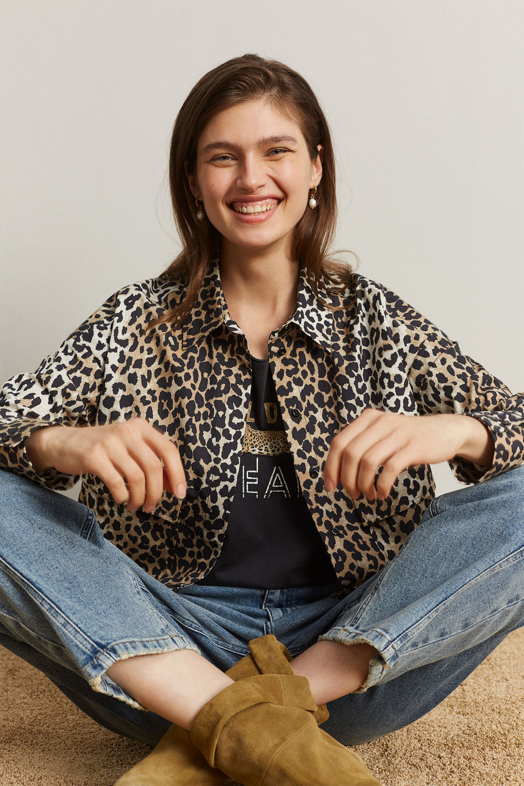 Oui Cropped Blouse 93894 Camel Black Animal Print 0779 - Olivia Grace Fashion