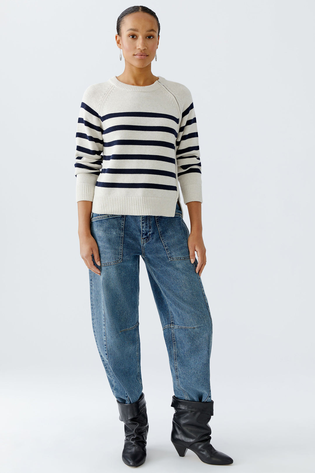 Oui Jumper 94279 Striped White Navy Blue 0105 - Olivia Grace Fashion