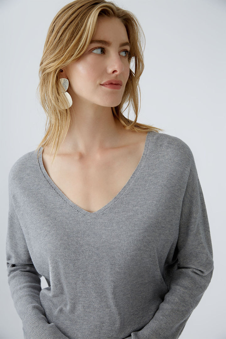 Oui Jumper Grey River Stone V-Neck 89057-9373