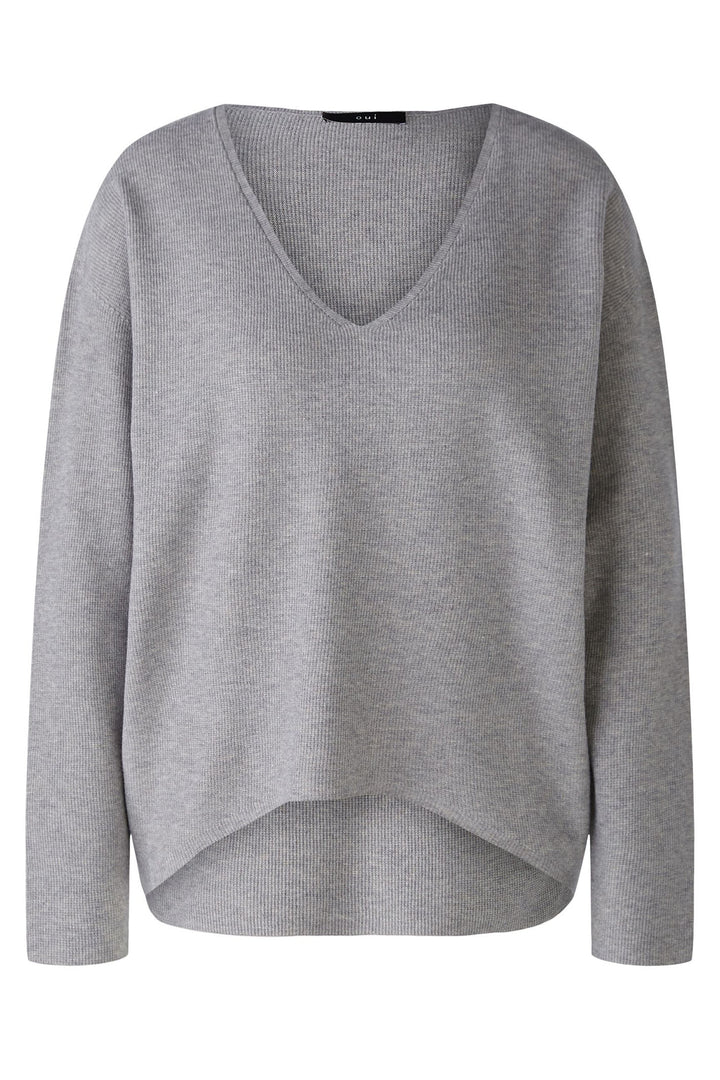 Oui Jumper Grey River Stone V-Neck 89057-9373