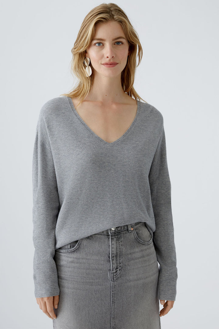 Oui Jumper Grey River Stone V-Neck 89057-9373 - Olivia Grace Fashion