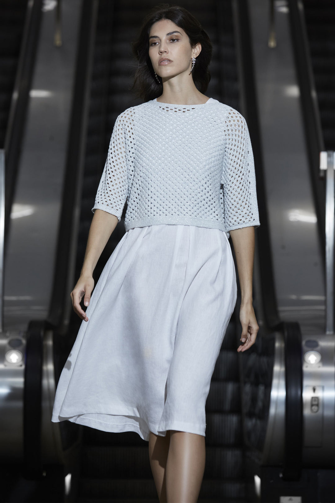 Oui Jumper Silver Mesh Knit Boat Neck 93319 9680 - Olivia Grace Fashion