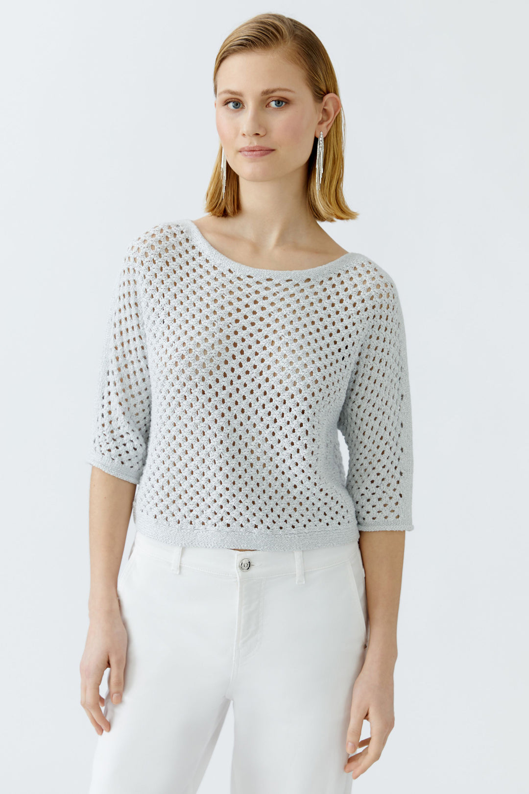 Oui Jumper Silver Mesh Knit Boat Neck 93319 9680 - Olivia Grace Fashion