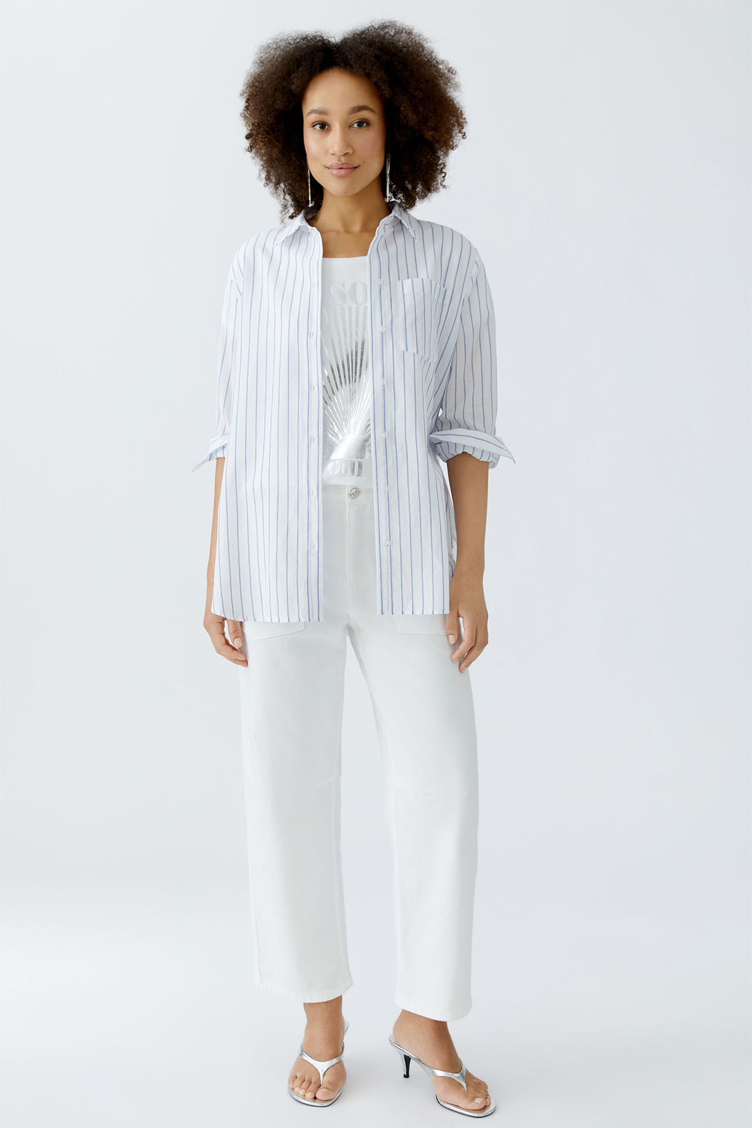 Oui Long Shirt White Blue Stripe 93139 0105 - Olivia Grace Fashion