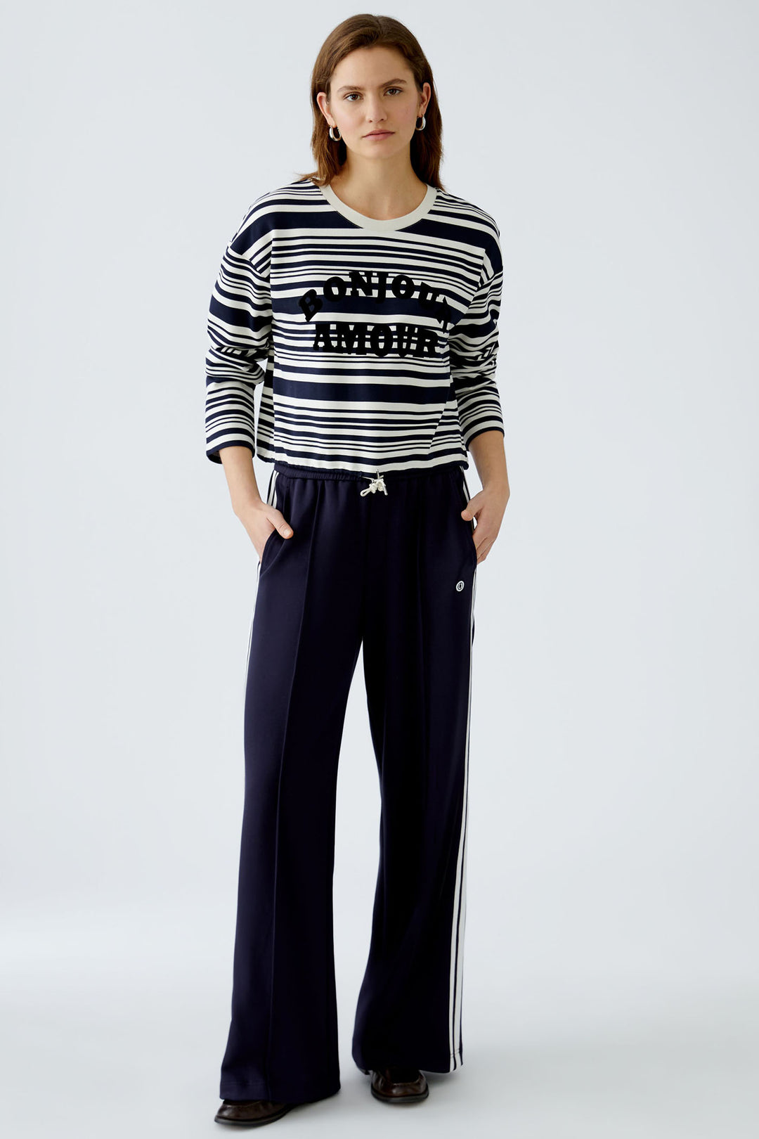 Oui Sweatshirt White Blue Stripe Drawstring Waist 92558 0105 - Olivia Grace Fashion