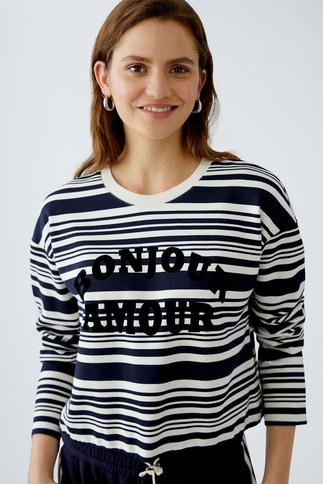 Oui Sweatshirt White Blue Stripe Drawstring Waist 92558 0105 - Olivia Grace Fashion