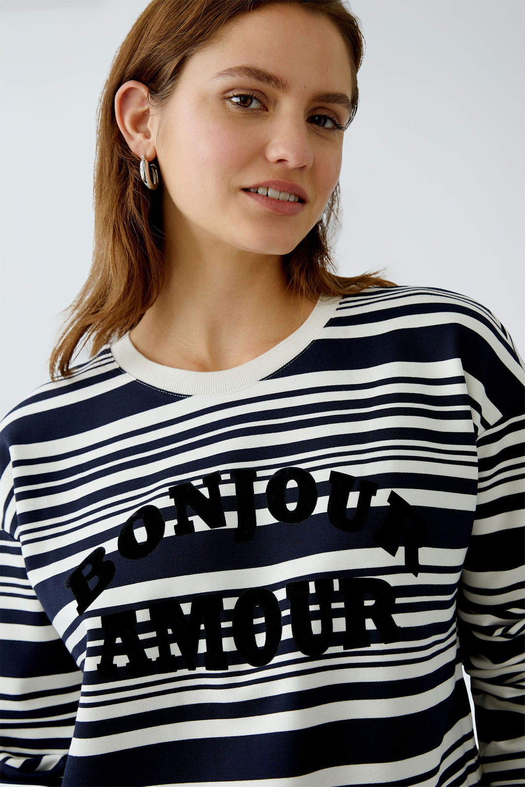 Oui Sweatshirt White Blue Stripe Drawstring Waist 92558 0105 - Olivia Grace Fashion