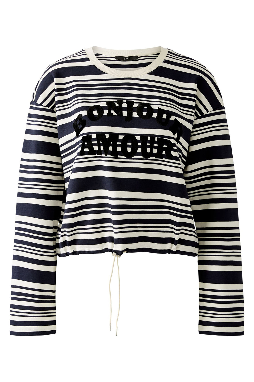 Oui Sweatshirt White Blue Stripe Drawstring Waist 92558 0105 - Olivia Grace Fashion