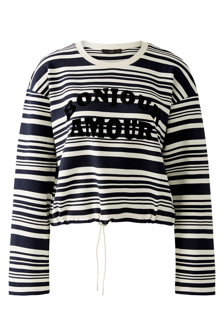 Oui Sweatshirt White Blue Stripe Drawstring Waist 92558 0105 - Olivia Grace Fashion