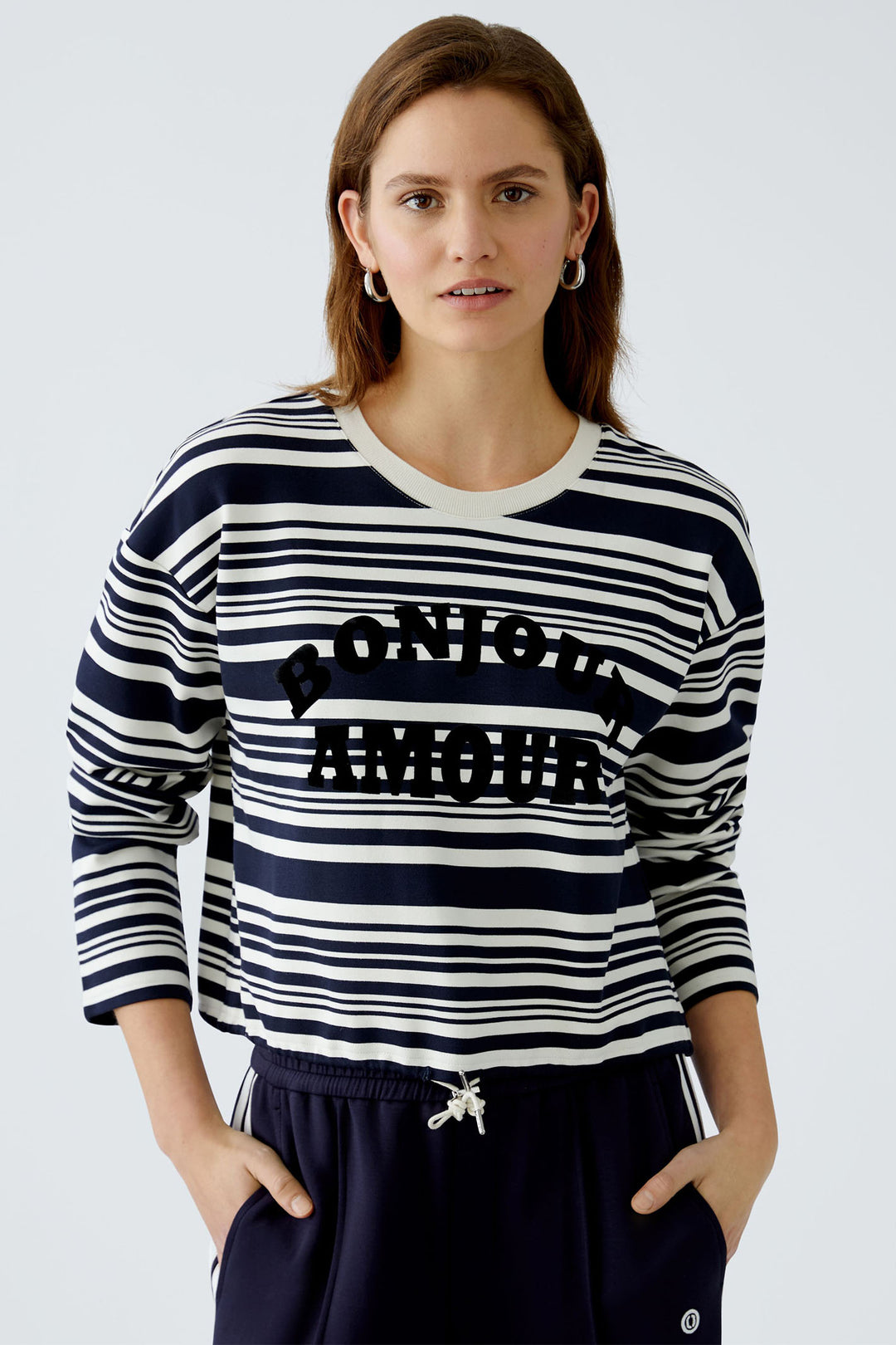 Oui Sweatshirt White Blue Stripe Drawstring Waist 92558 0105 - Olivia Grace Fashion