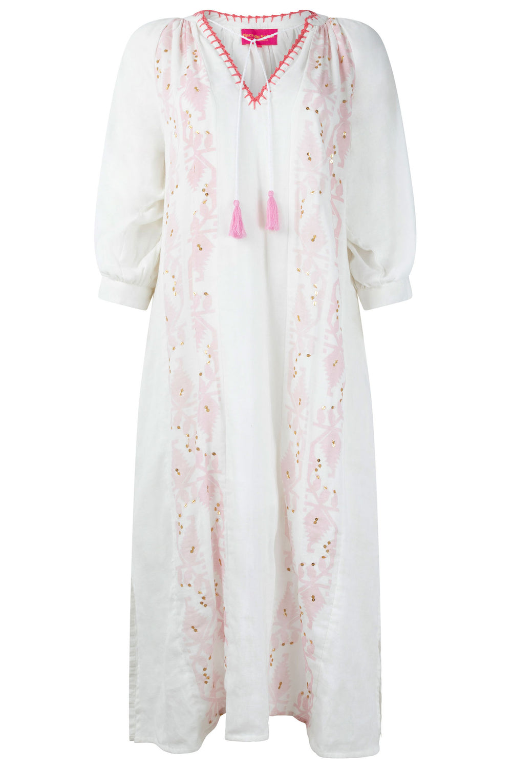 Place du Soleil S24 306 White Pink Ikat Print Long Dress - Olivia Grace Fashion