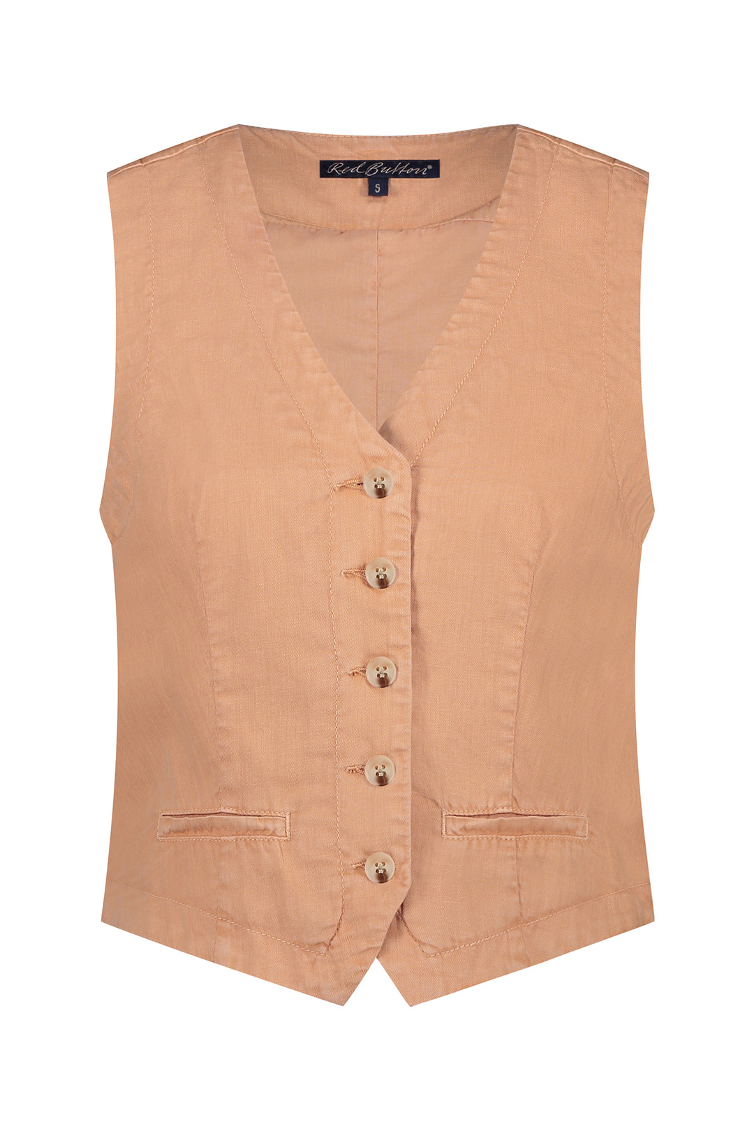 Red Button Cotton Linen Waistcoat Coppertan SRB4506 - Olivia Grace Fashion