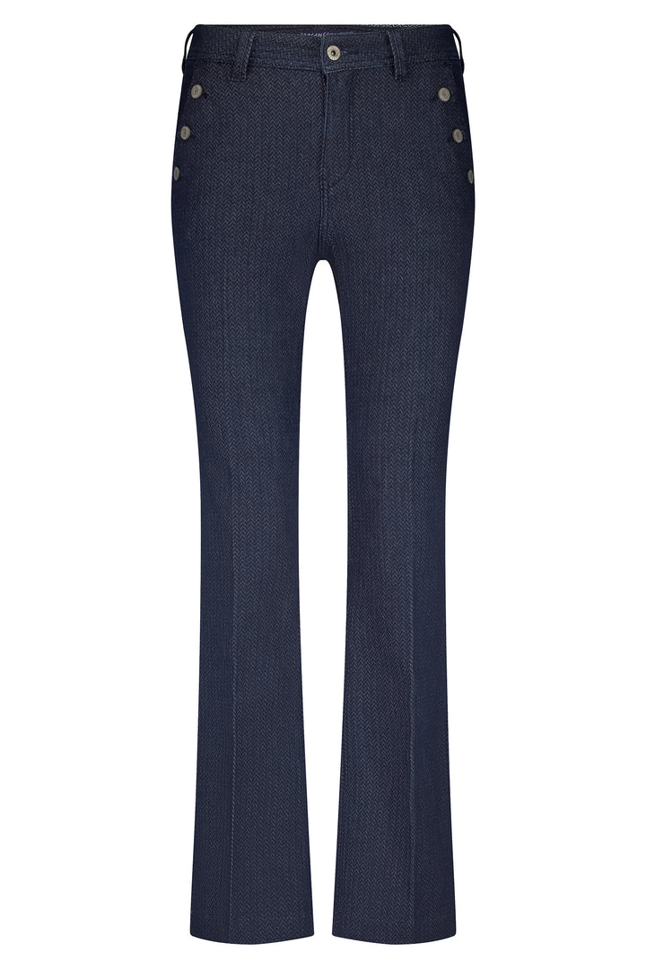 Dark blue pants with button details on a white background