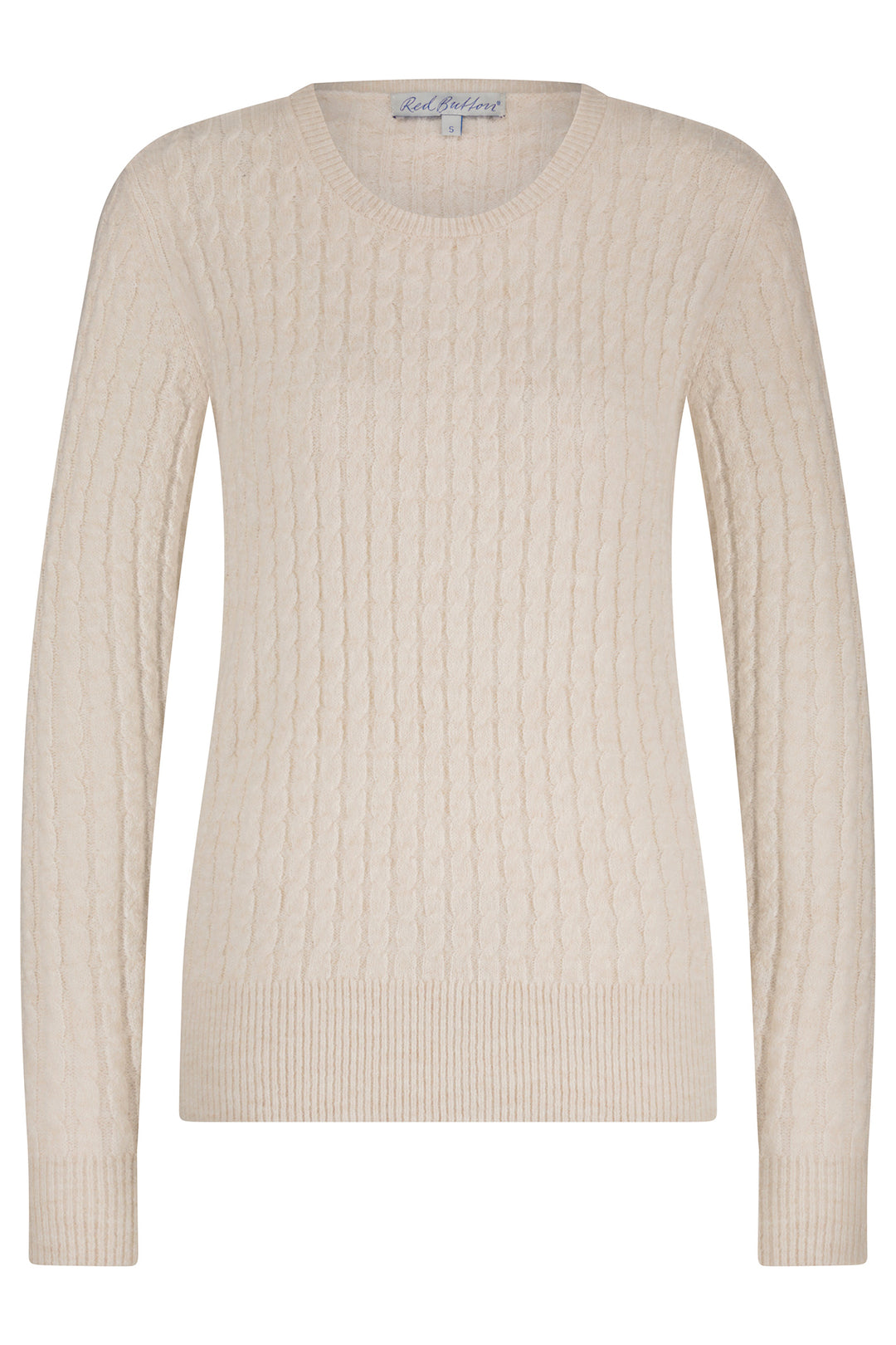 Beige cable knit sweater on a white background