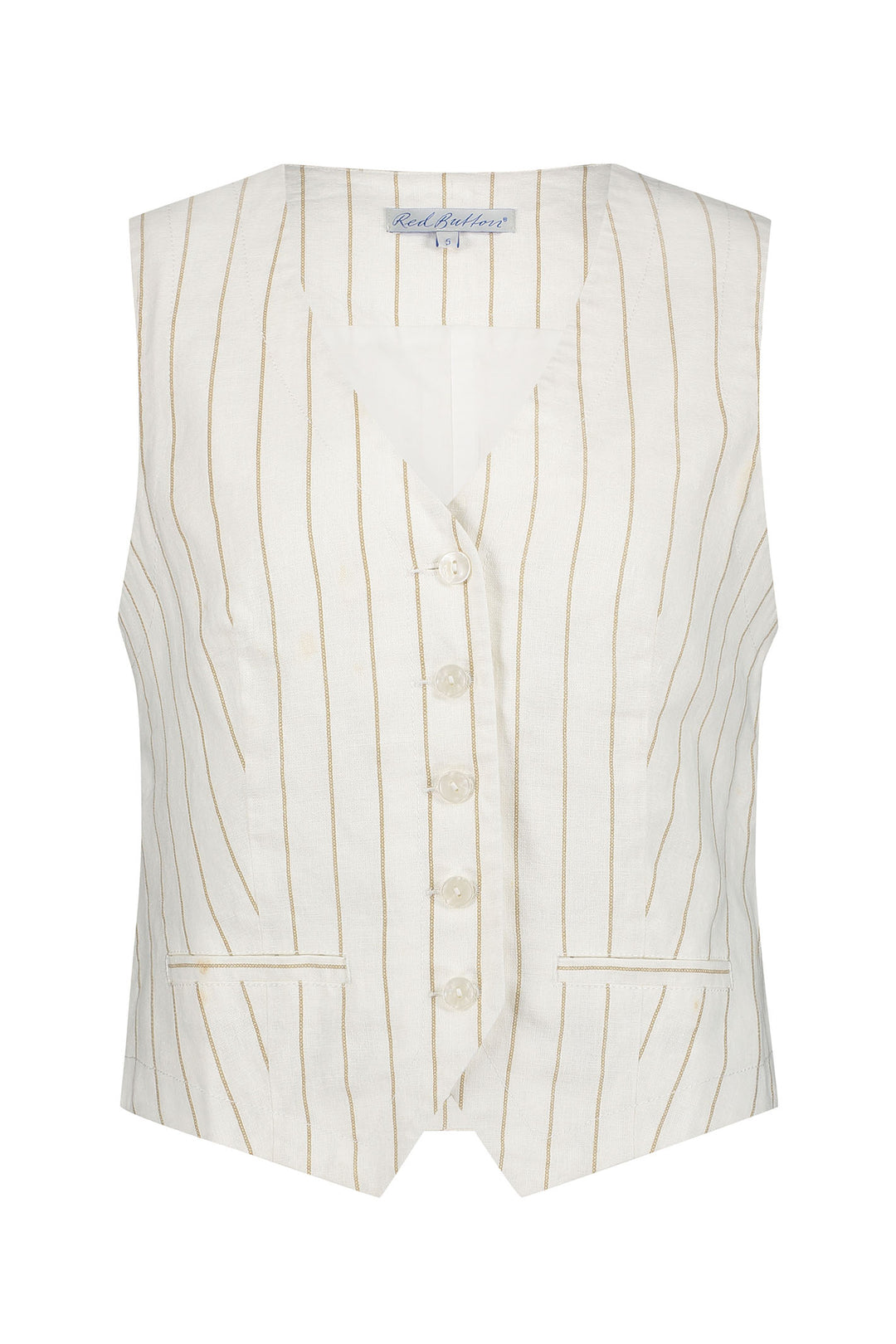Red Button Waistcoat Cotton Linen Stripe Dark Sand SRB4514 - Olivia Grace Fashion
