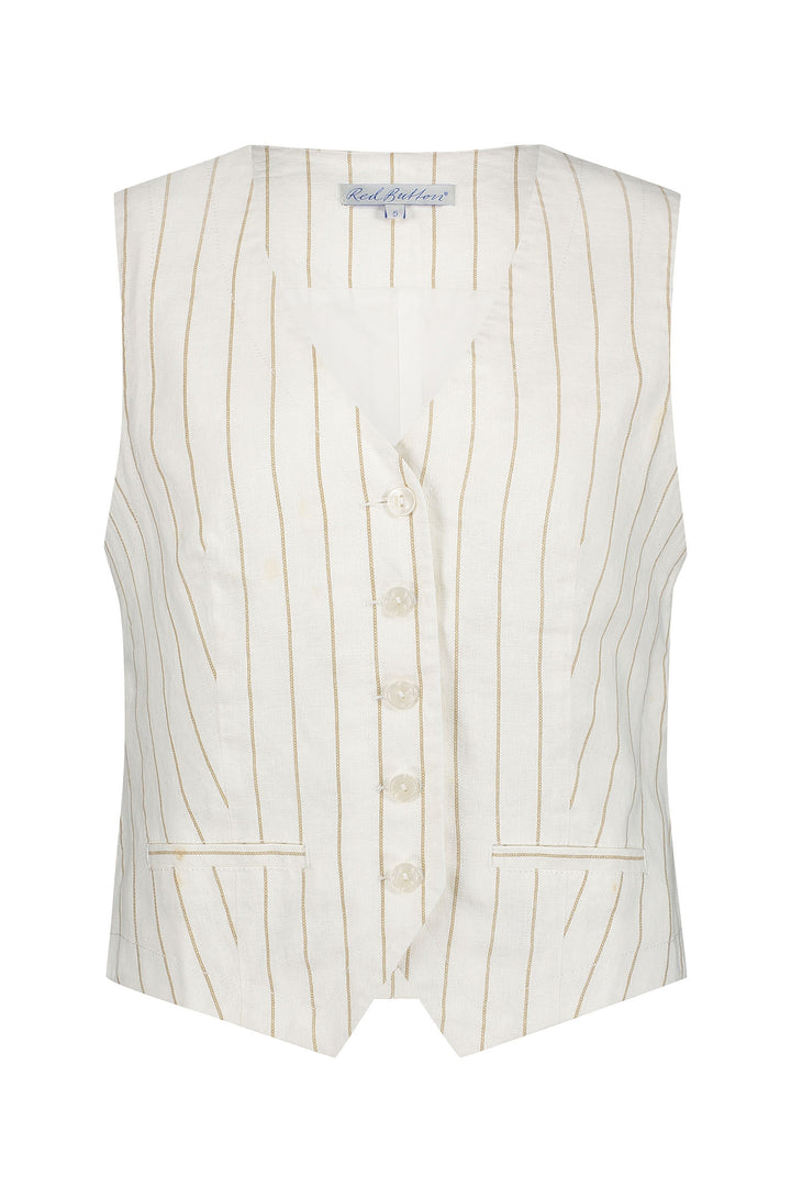 Red Button Waistcoat Cotton Linen Stripe Dark Sand SRB4514 - Olivia Grace Fashion