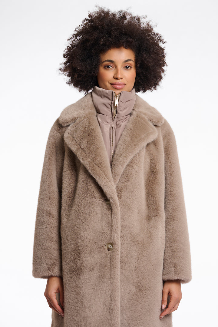Rino & Pelle Geesje Toffee Brown Faux Fur Coat With Detachable Collar - Olivia Grace Fashion