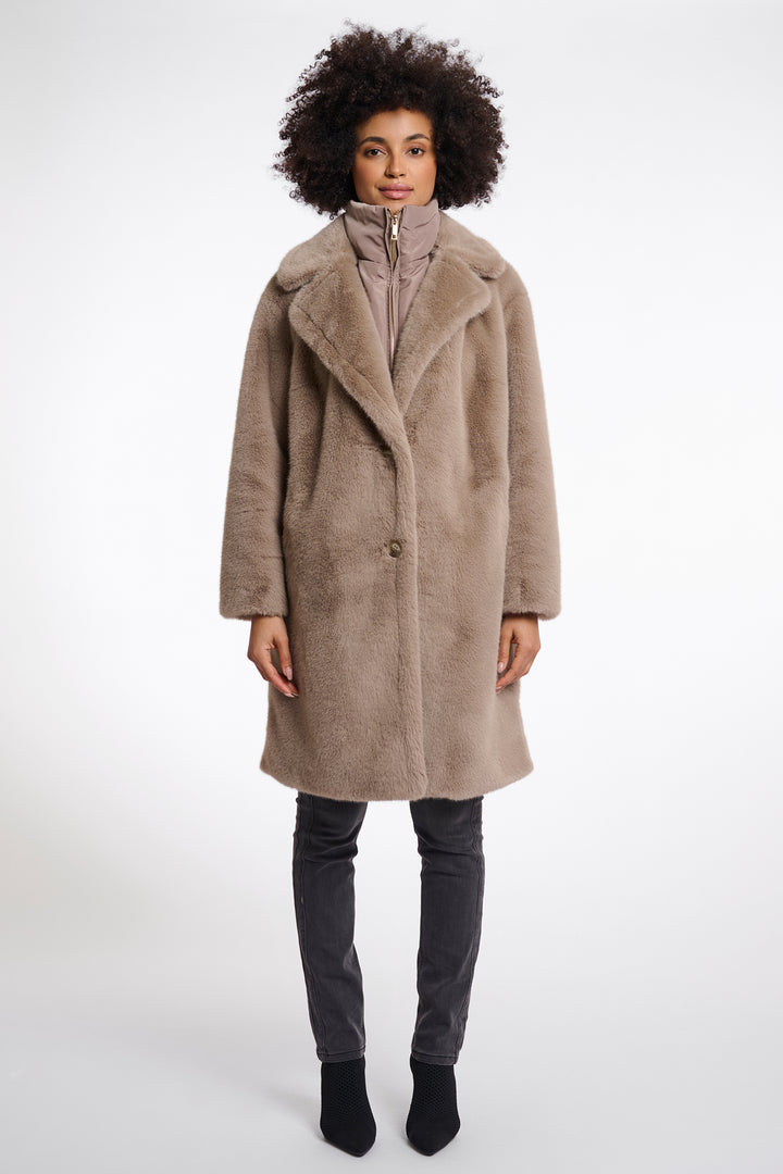 Rino & Pelle Geesje Toffee Brown Faux Fur Coat With Detachable Collar - Olivia Grace Fashion