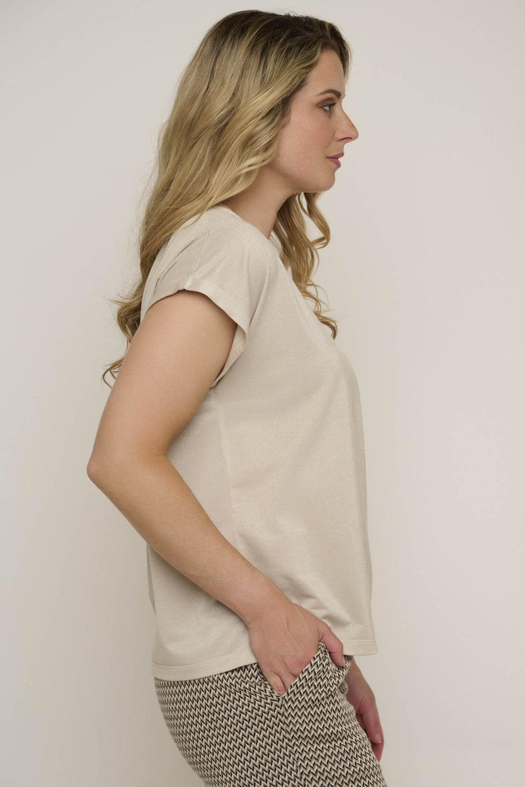 Rino & Pelle Kato 7002422 Beach Beige Lurex T-Shirt - Olivia Grace Fashion