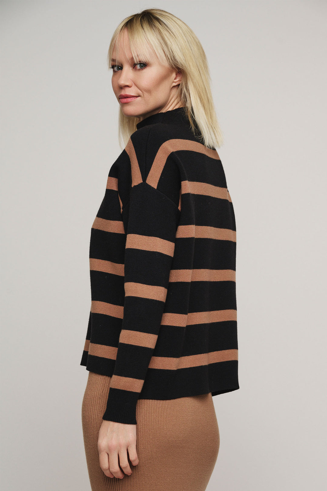 Rino & Pelle Mock Neck Stripe Jumper Black Twig Moxie 5002413 - Olivia Grace Fashion