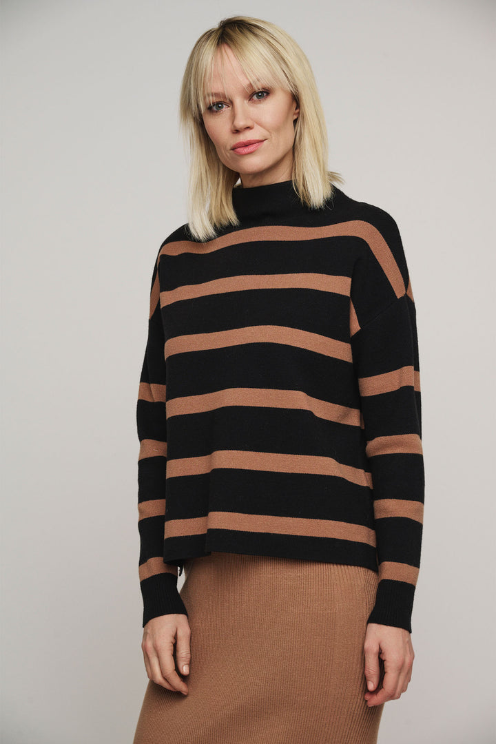 Rino & Pelle Mock Neck Stripe Jumper Black Twig Moxie 5002413 - Olivia Grace Fashion