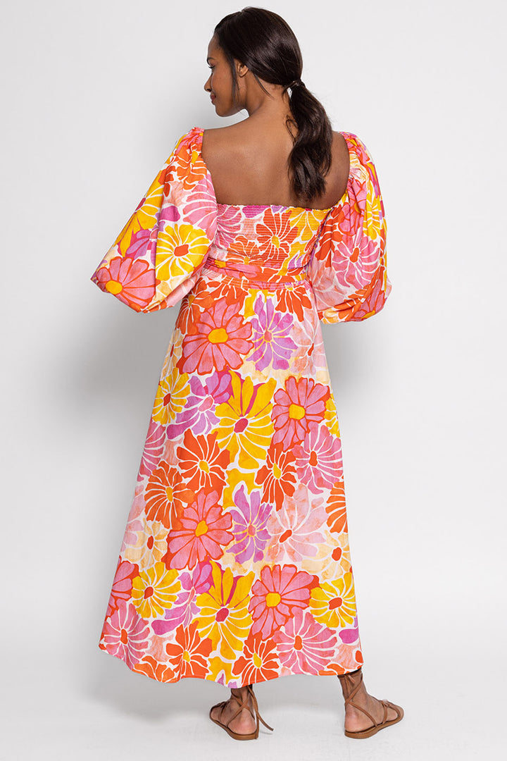 Sundress S24035 Orange Pink Emeline Saleya Print Puff Sleeve Dress - Olivia Grace Fashion