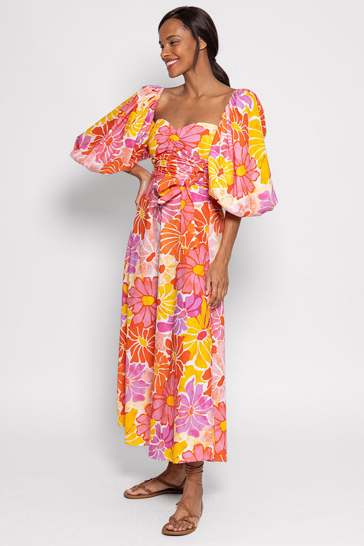 Sundress S24035 Orange Pink Emeline Saleya Print Puff Sleeve Dress - Olivia Grace Fashion