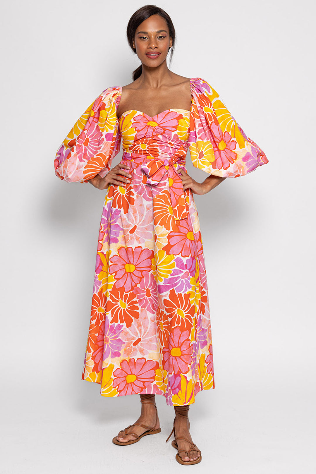 Sundress S24035 Orange Pink Emeline Saleya Print Puff Sleeve Dress - Olivia Grace Fashion