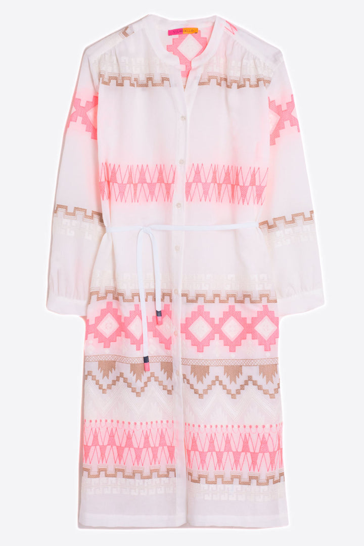 Vilagallo 31049 White Pink Aztec Embroidered Pattern Shirt Dress - Olivia Grace Fashion
