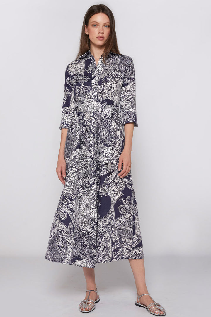 Vilagallo 31268 Navy Paisley Print Shirt Dress With Belt - Olivia Grace Fashion