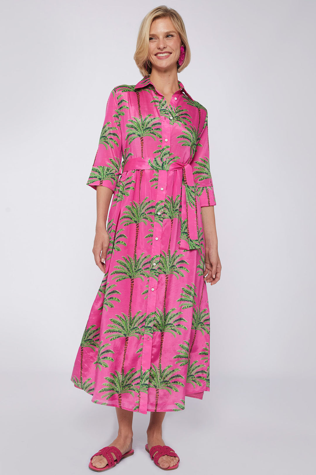 Vilagallo 31305 Pink Palm Print Shirt Dress With Belt - Olivia Grace Fashion