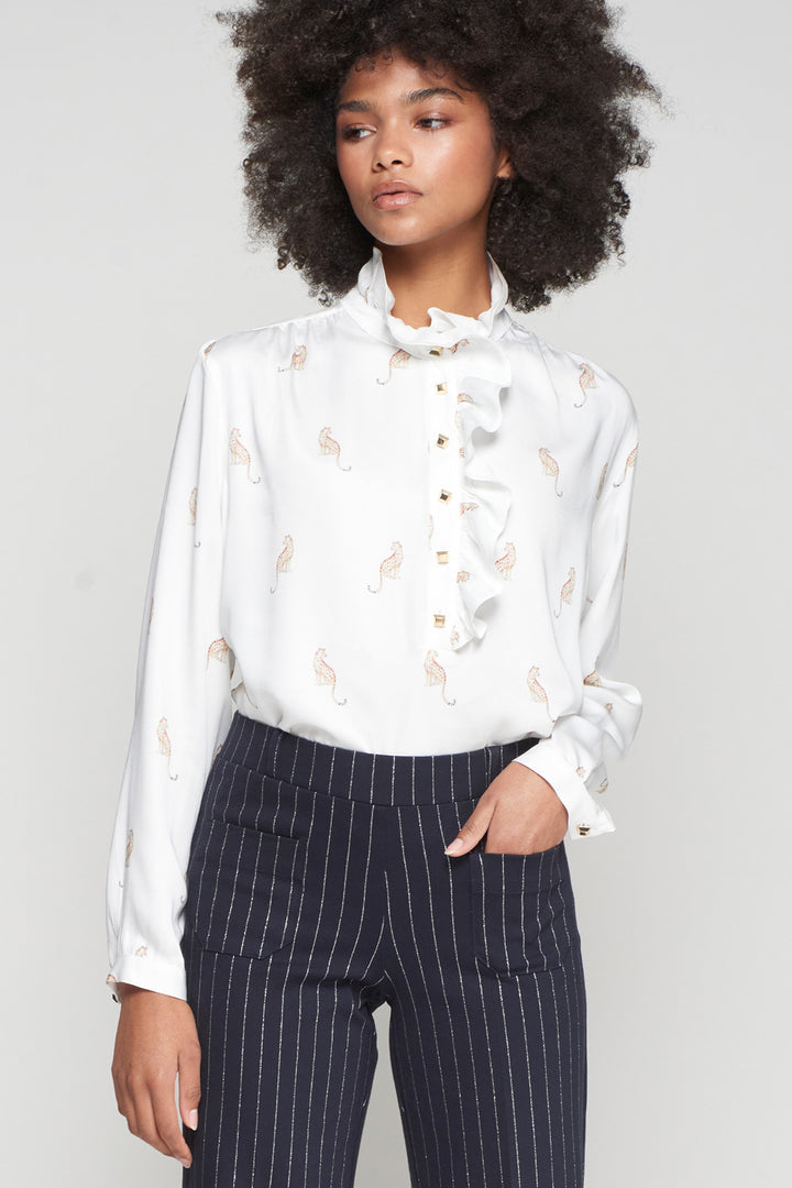 Vilagallo 33056 White Hipica Leopard Print Ruffle Shirt