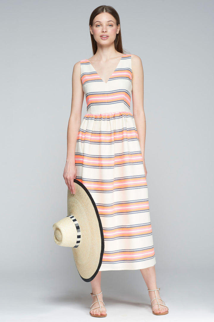 Vilagallo Dress Midi Length Cream Orange Stripe 32262 - Olivia Grace Fashion