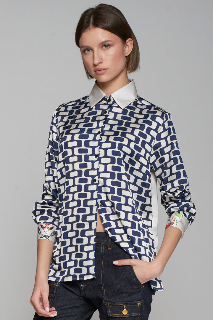 Vilagallo Shirt Navy Blue Geometric Print 31846 - Olivia Grace Fashion