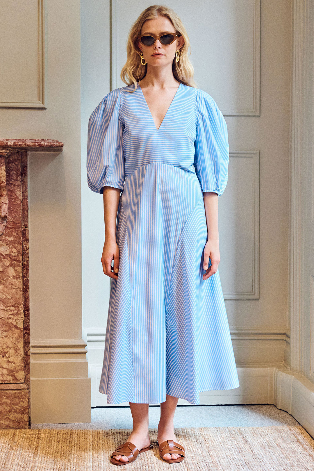 Vivere London Mila Blue Stripe Puff Sleeve Dress - Olivia Grace Fashion